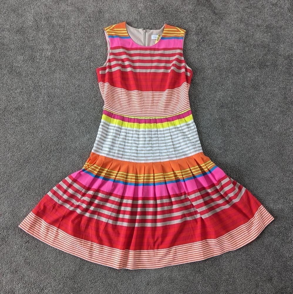 Calvin Klein Women's Y2K Rainbow Striped Pleated Summer Dress Size Medium Retro